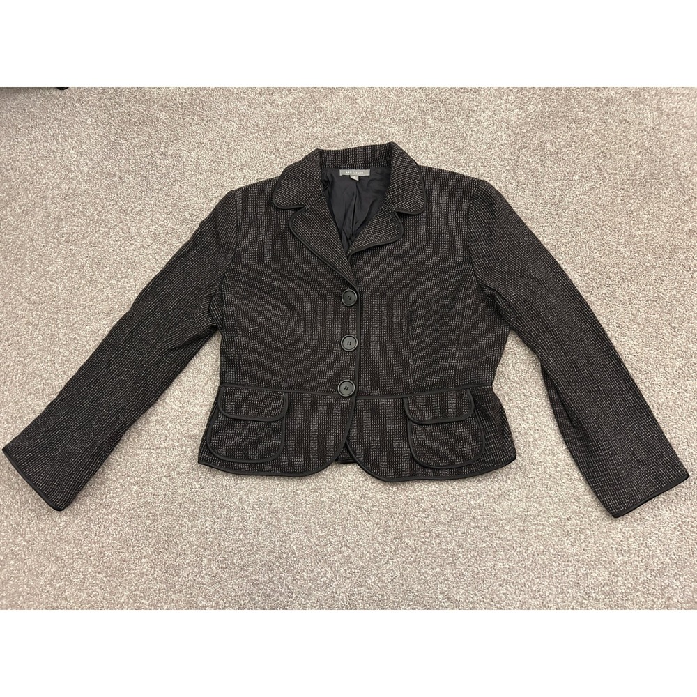 Ann Taylor Blazer Womens 14 Brown Excellent Wool Blend Tweed Piping Trim Jacket